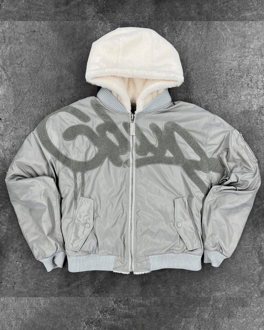 Geedup Handstyle Team Logo Reversible Bomber Jacket in White and Grey (2023)