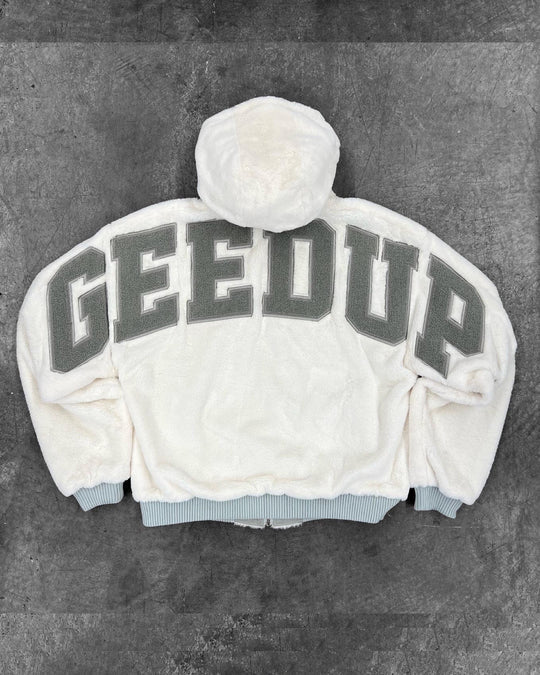 Geedup Handstyle Team Logo Reversible Bomber Jacket in White and Grey (2023)