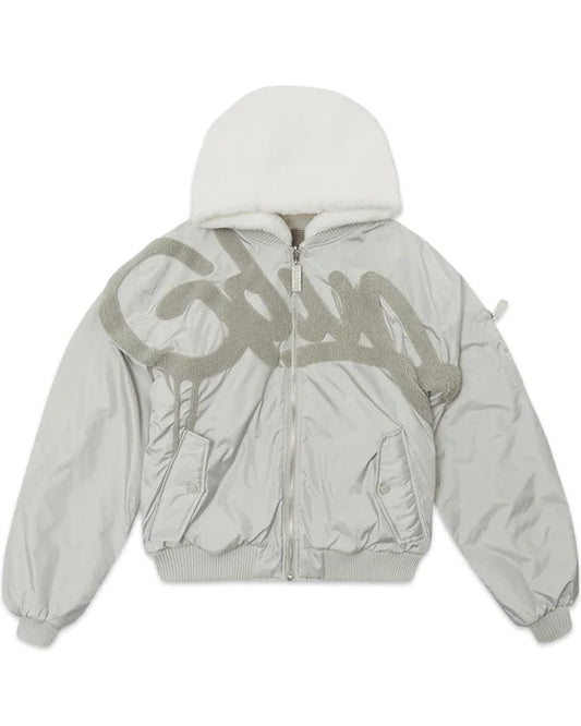 Geedup Handstyle Team Logo Reversible Bomber Jacket in White and Grey (2023)
