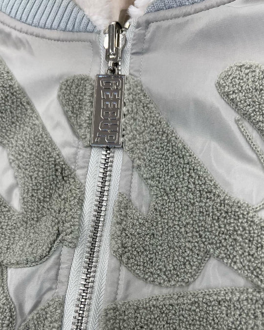 Geedup Handstyle Team Logo Reversible Bomber Jacket in White and Grey (2023)