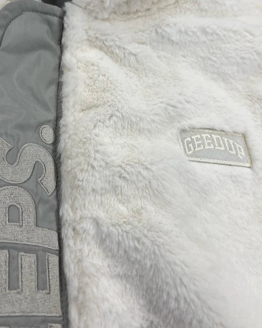 Geedup Handstyle Team Logo Reversible Bomber Jacket in White and Grey (2023)