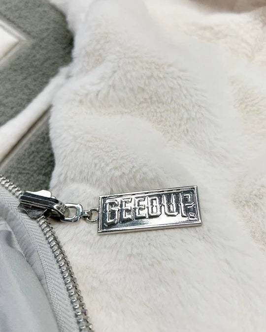 Geedup Handstyle Team Logo Reversible Bomber Jacket in White and Grey (2023)