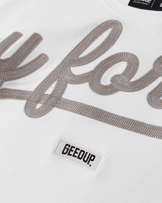 Geedup PFK Script T-Shirt in White and Grey (2023)