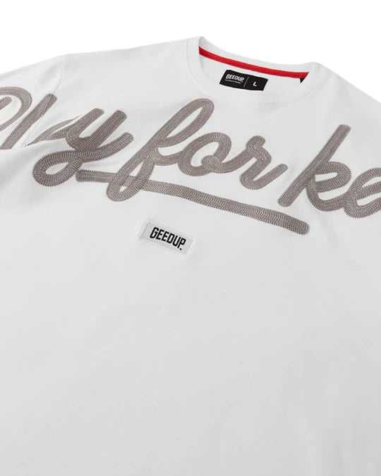 Geedup PFK Script T-Shirt in White and Grey (2023)