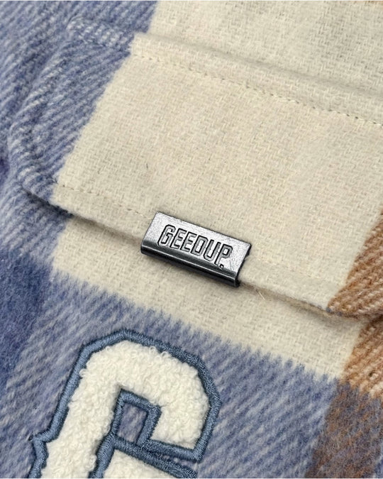 Geedup Play for Keeps PFK Flannel Jacket in Light Blue Cream White (2025)