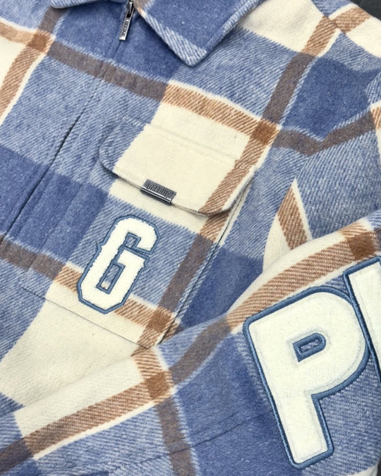 Geedup Play for Keeps PFK Flannel Jacket in Light Blue Cream White (2025)