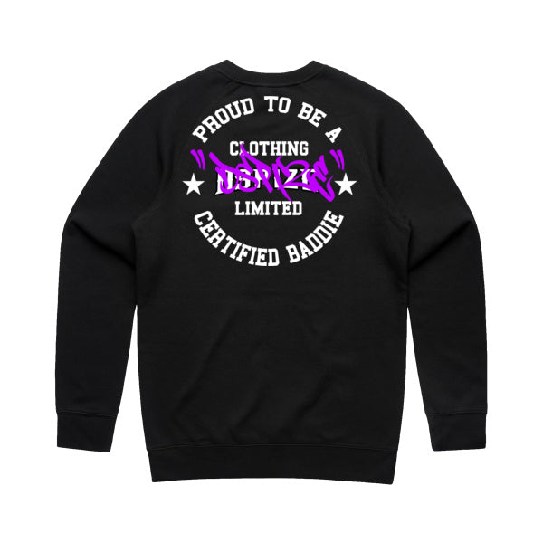 DCL Certified Baddie Purple Tag Black Crew Neck