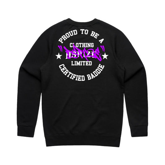 DCL Certified Baddie Purple Tag Black Crew Neck